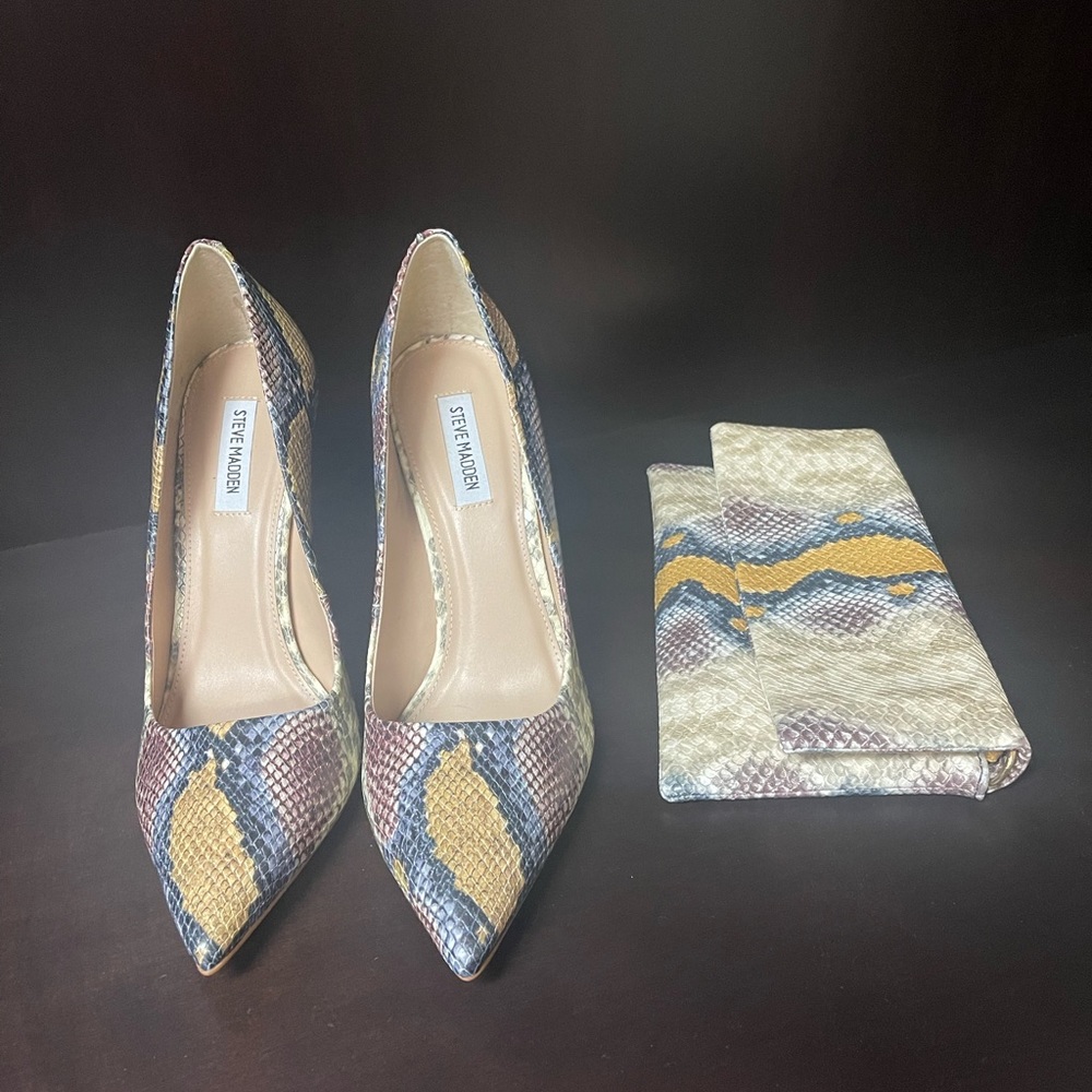 Steve Madden Multicolor Snake Print Heels with Matching Clutch